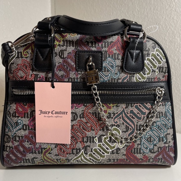 NEW Juicy Couture Black Beige Multi Lock N Chain Satchel Handbag Purse - Picture 14 of 14